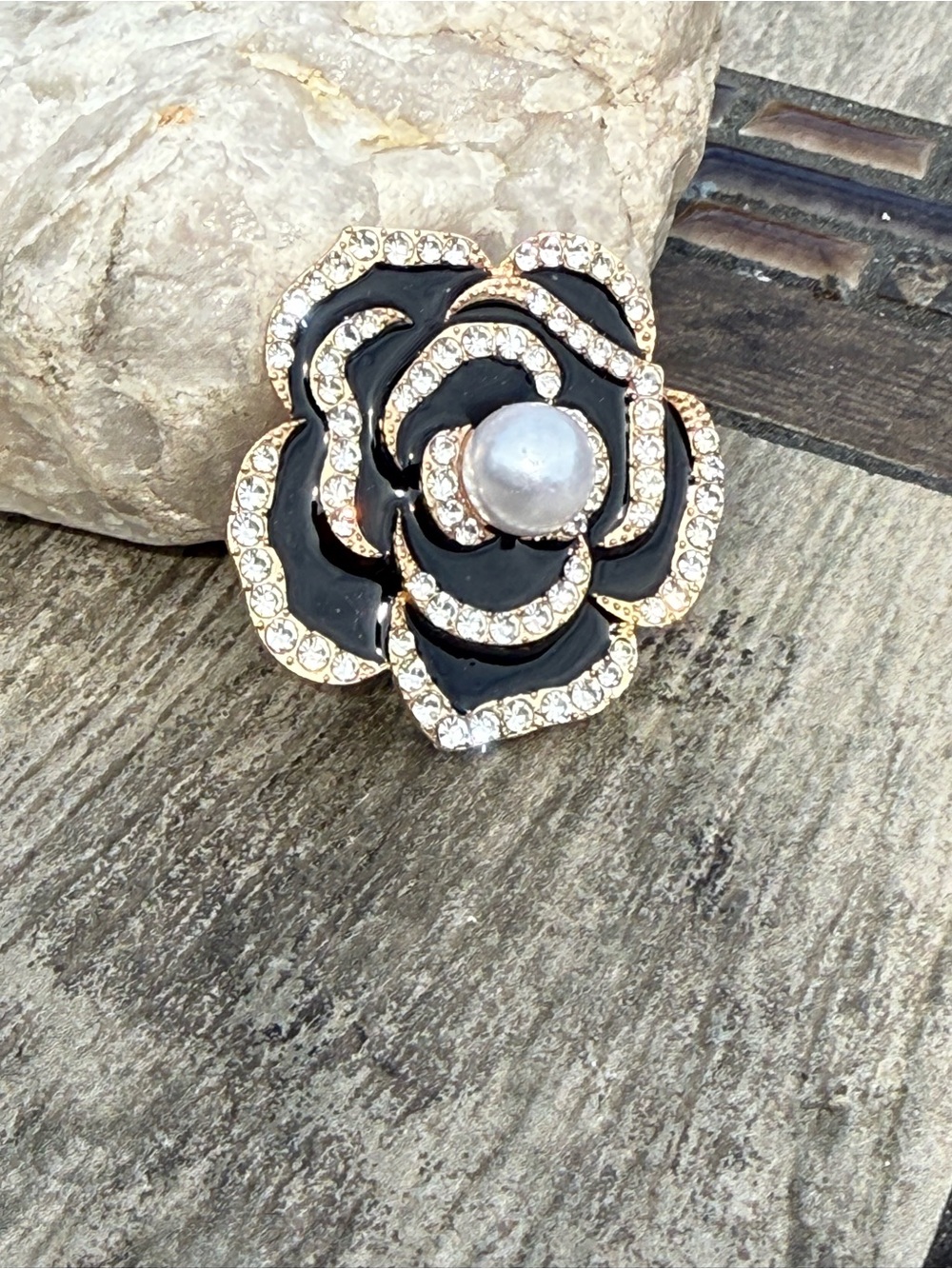 NWT Elegant Black Enamel Rose Brooch with Pearl Center - Picture 3 of 4